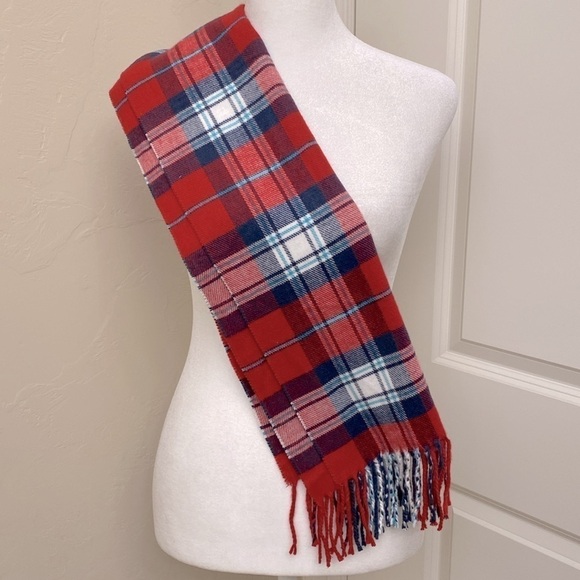 100% Cashmere Classic Red/Blue Plaid Winter Scarf Women’s Made in Scotland 72’ - Picture 3 of 6
